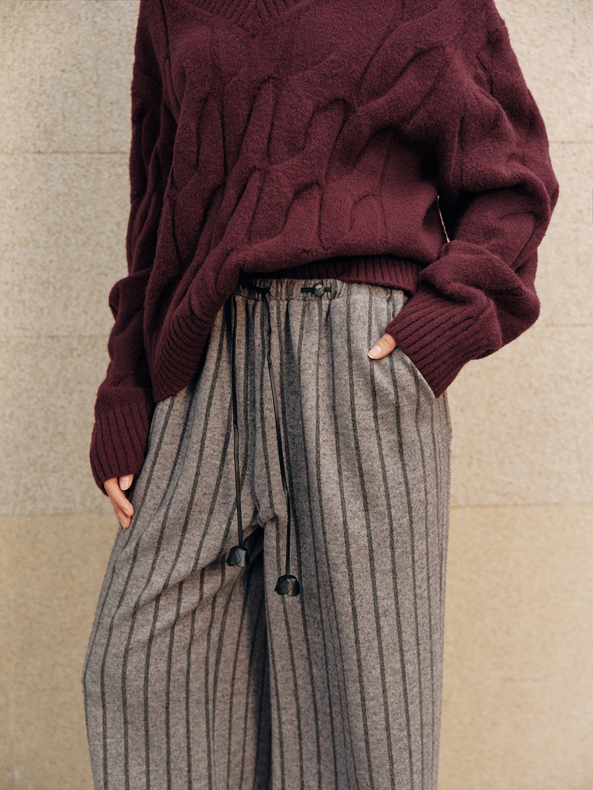 Tweed Striped Drawstring Wide-Leg Pants - Wholesalesil