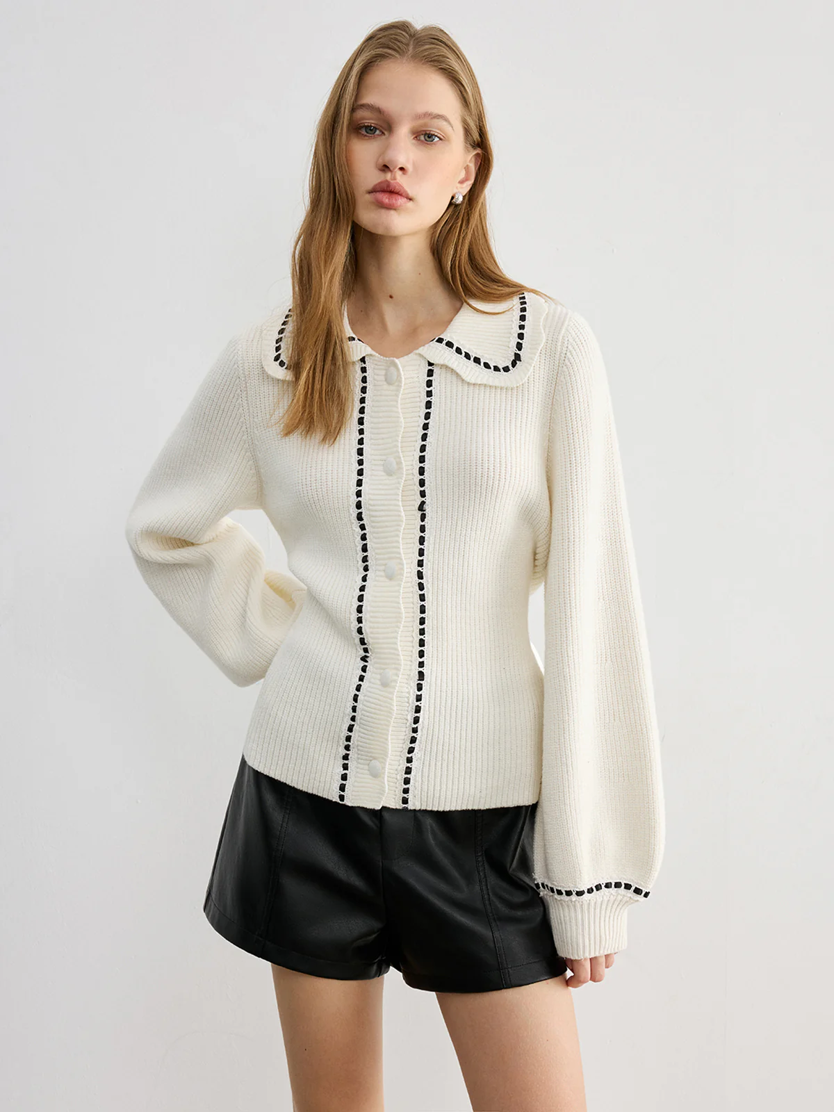 Back Bow Contrast Trim Collared Cardigan - Wholesalesil