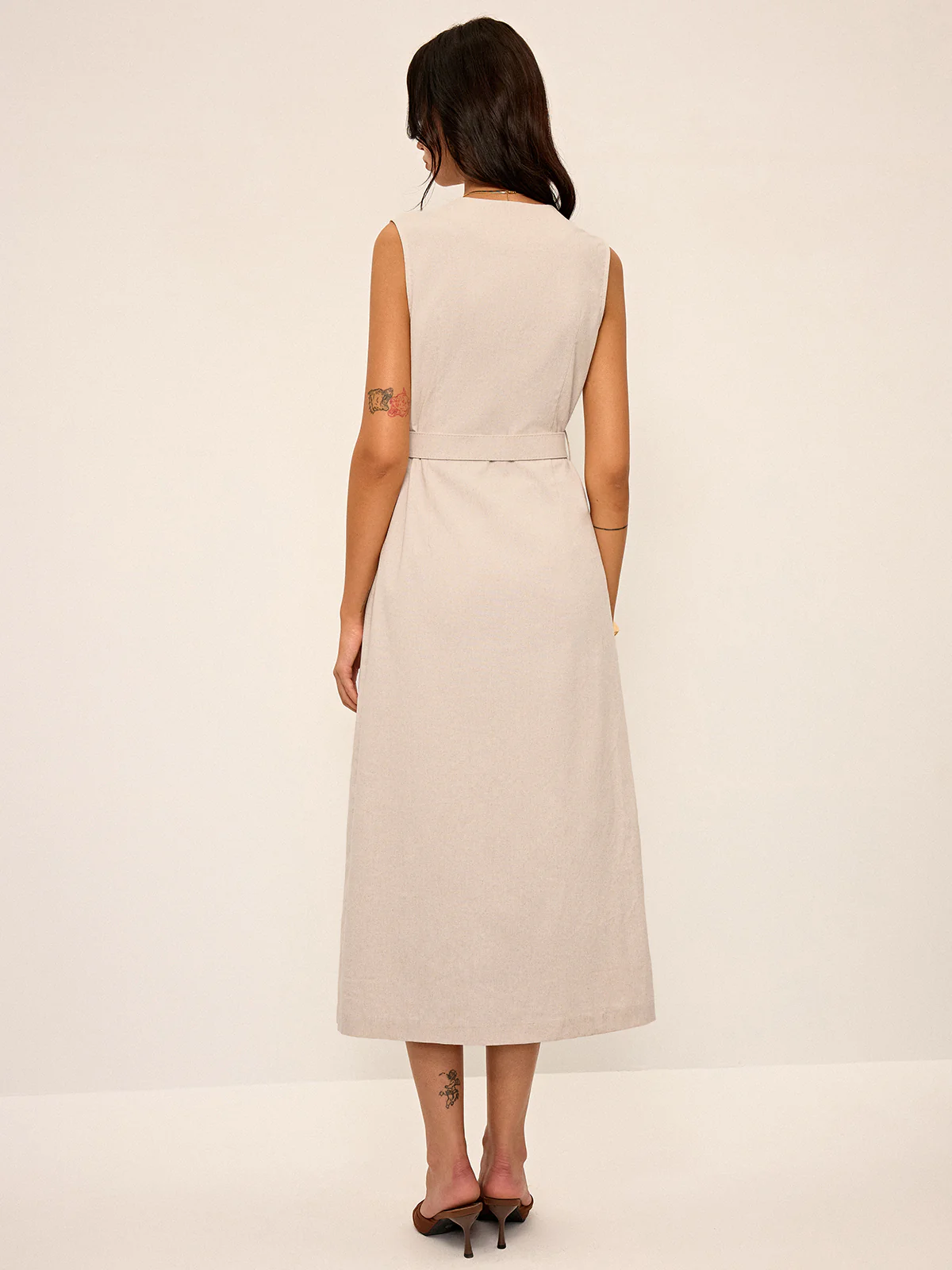 Cotton & Linen Blend V-Neck Belted Midi Dress - Wholesalesil