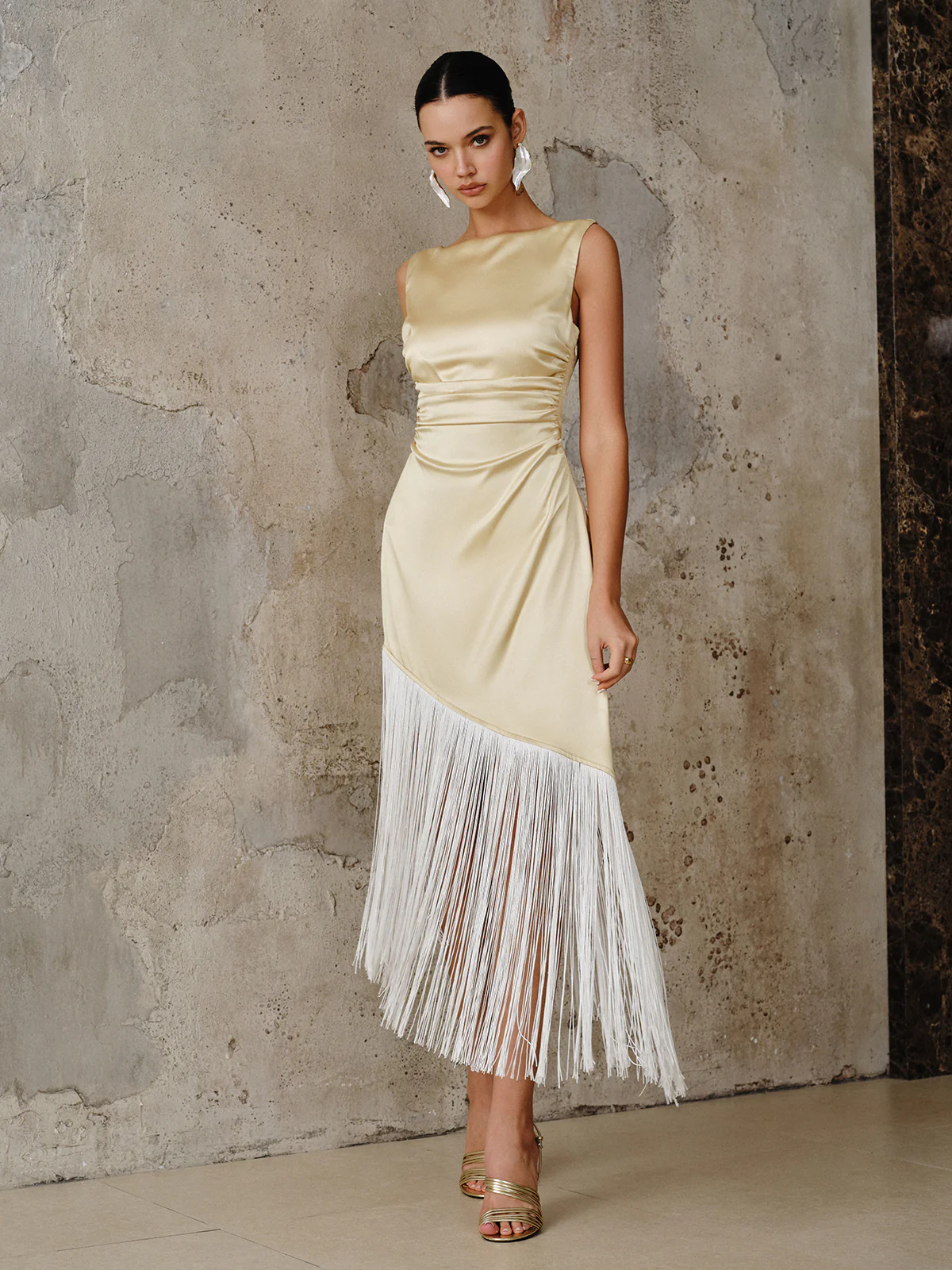 Satin Asymmetric Fringe Hem Maxi Dress - Wholesalesil