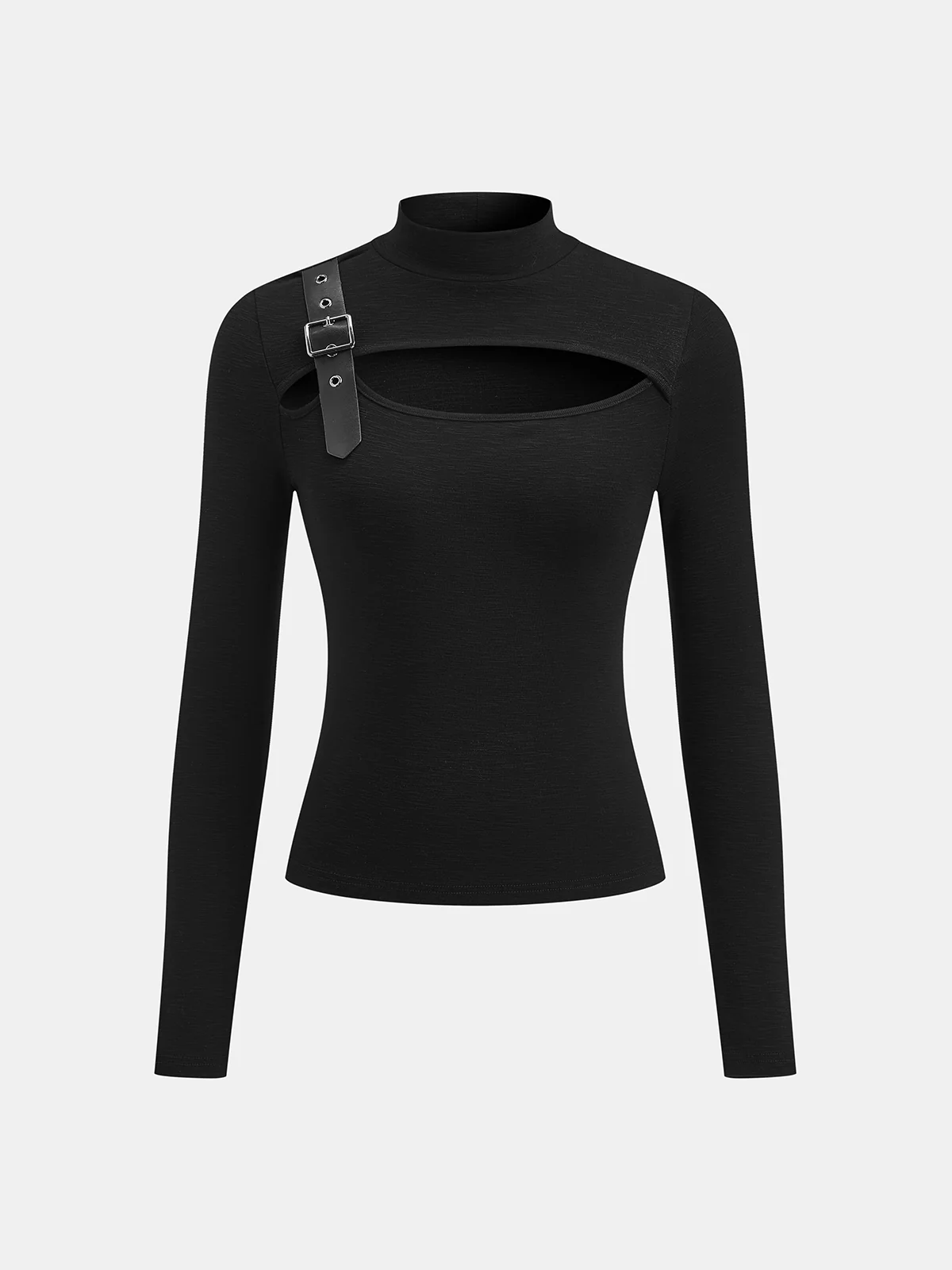 Buckle Detail Cut-Out Mock Neck Top - Wholesalesil