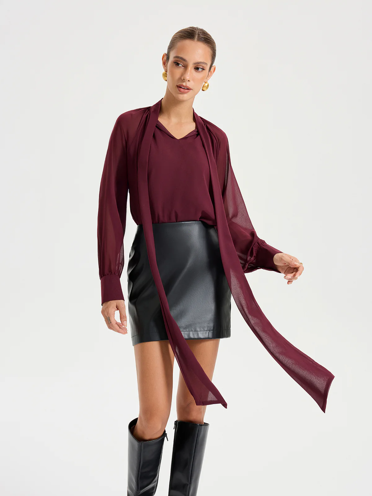 Tie Neck Long Sleeved Chiffon Blouse - Wholesalesil