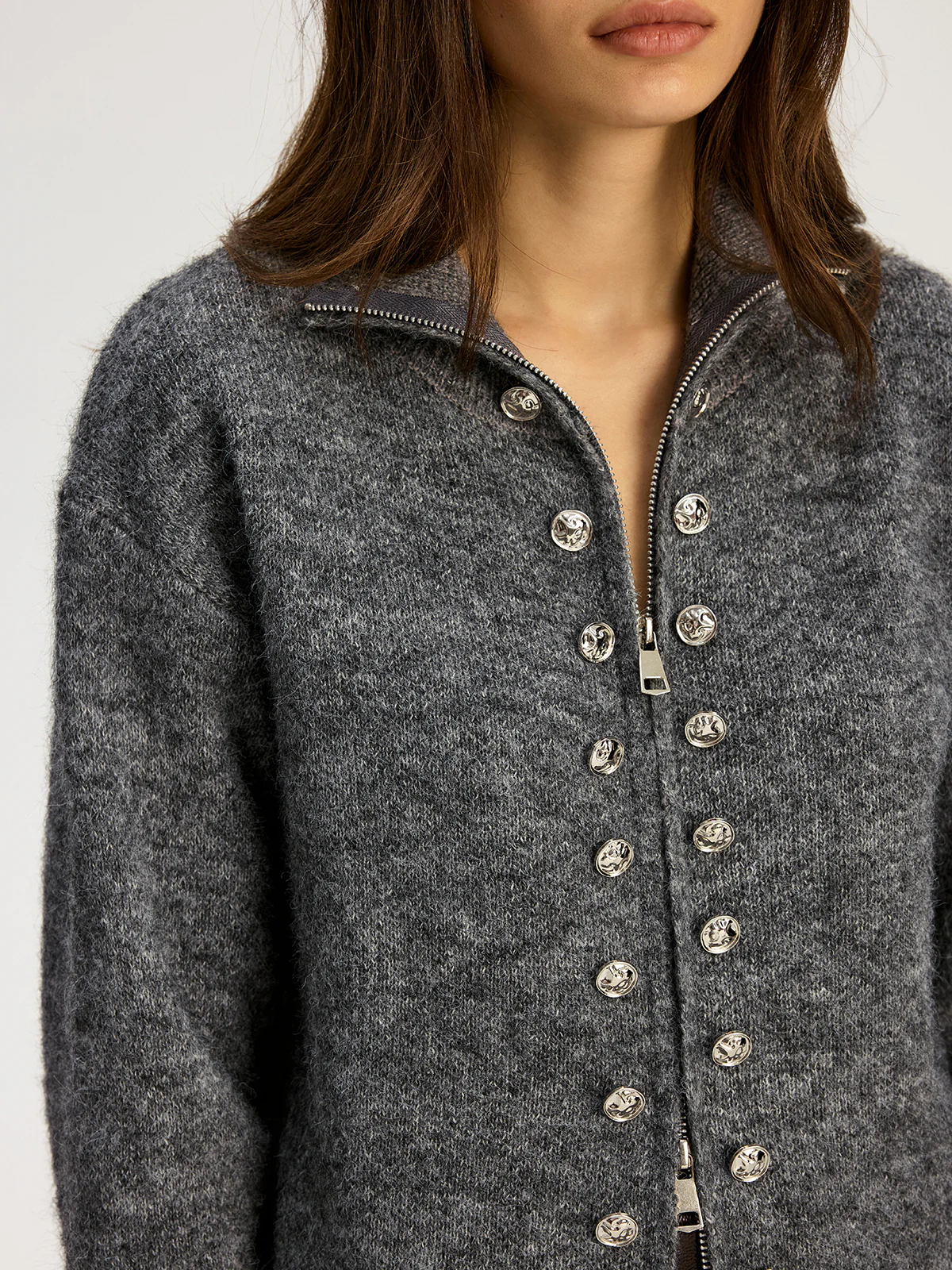 Double-breasted Stand-up Collar Zipper Cardigan - Wholesalesil