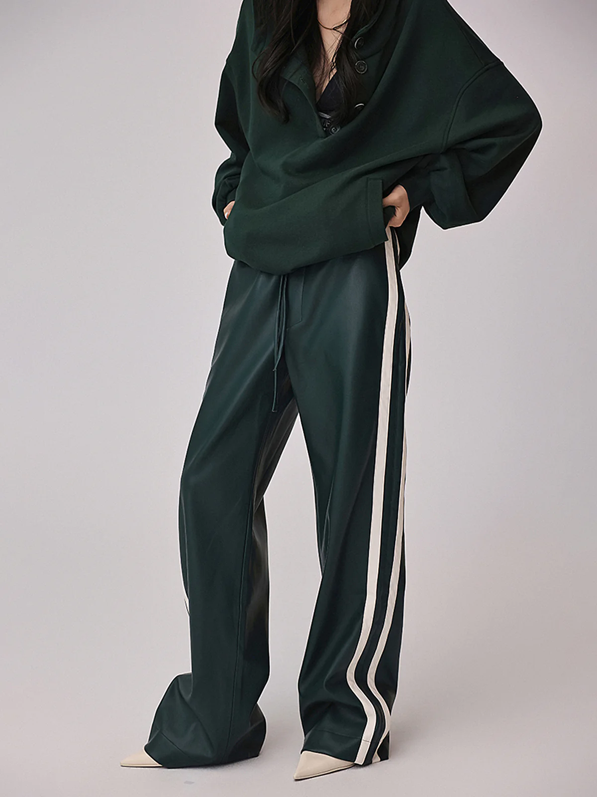 Striped High-Waisted PU Leather Drawstring Pants - Wholesalesil