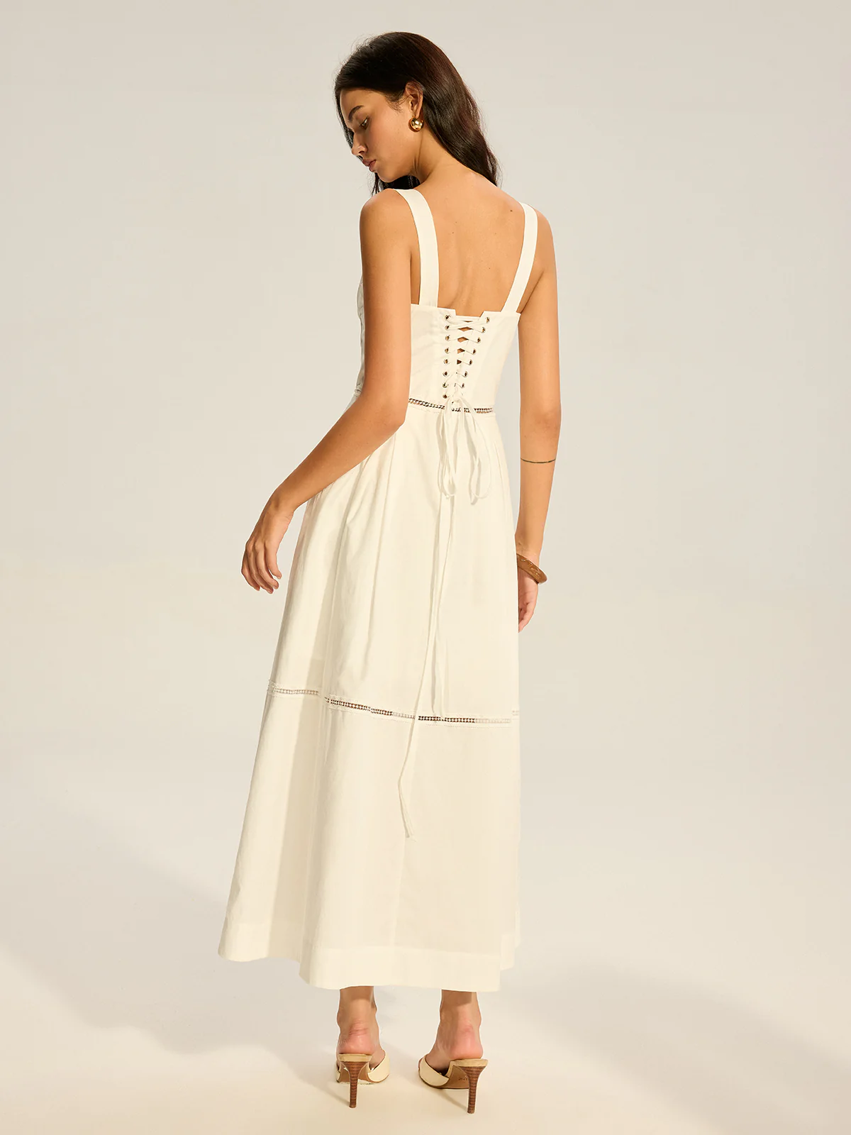 Lace Paneled Back-Tie Cotton Maxi Dress - Wholesalesil