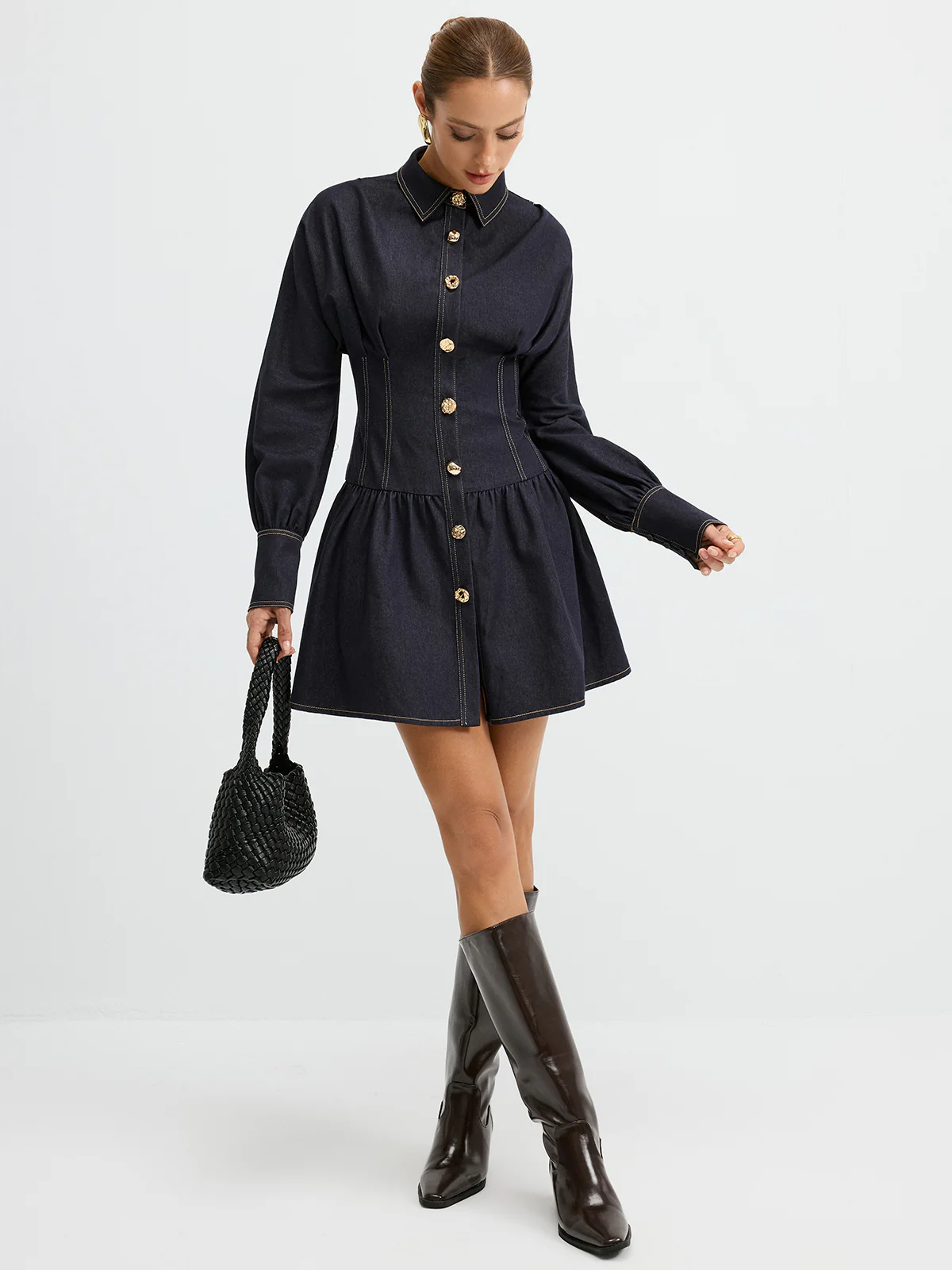 Denim Metal Button Shirt Dress - Wholesalesil
