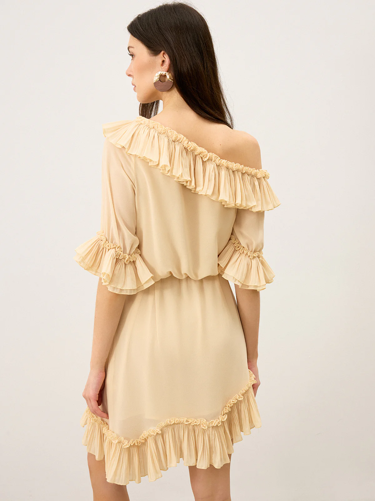Semi-Sheer Chiffon One-Shoulder Ruffled Mini Dress - Wholesalesil