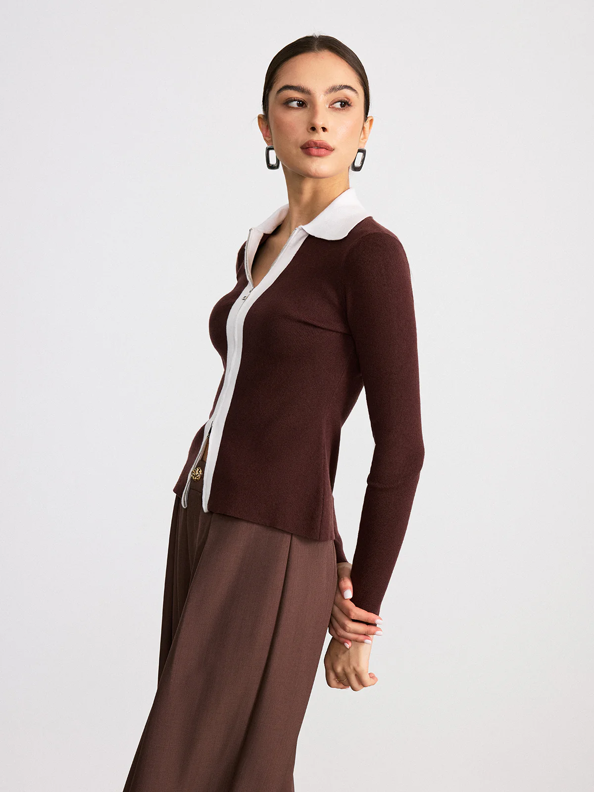 Contrast Collar Wool Blend Zip-Up Cardigan - Wholesalesil