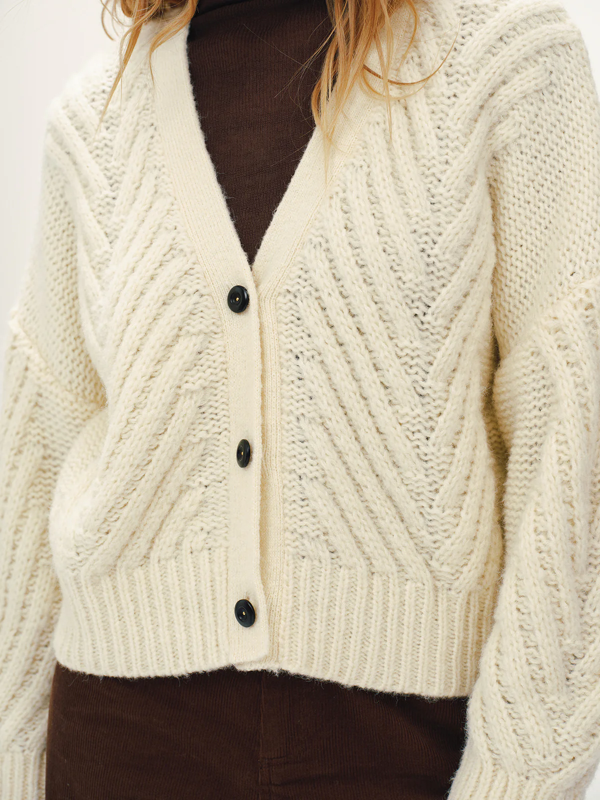 Wool Blend Cable Knit V-Neck Button Cardigan - Wholesalesil