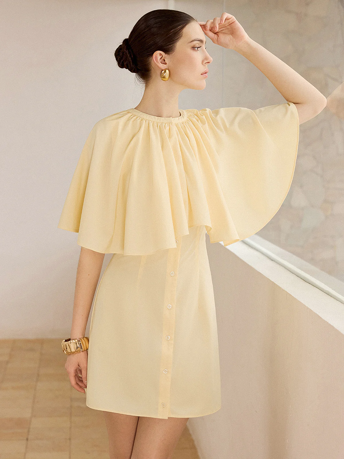 Cape-Sleeve Button-Front Mini Dress - Wholesalesil