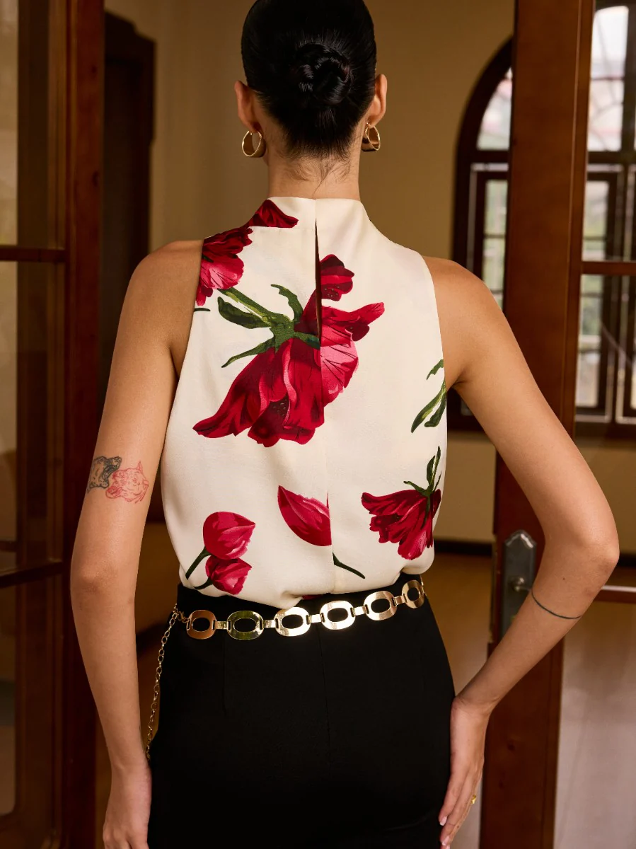 Floral Print Sleeveless Blouse with Knot Detail - Wholesalesil