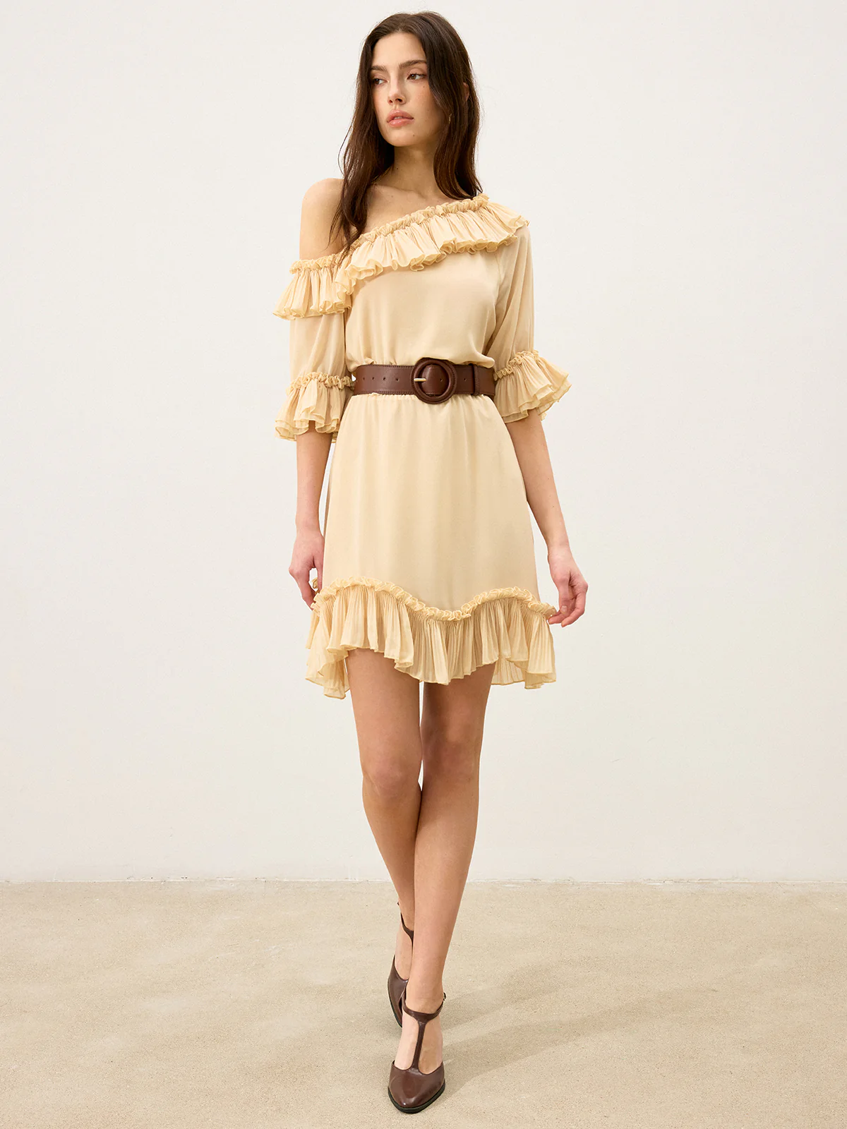 Semi-Sheer Chiffon One-Shoulder Ruffled Mini Dress - Wholesalesil
