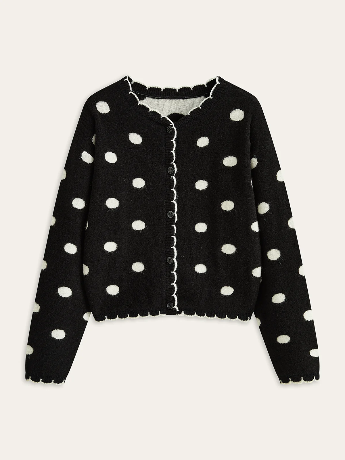 Scalloped Trim Polka Dot Knit Cardigan - Wholesalesil