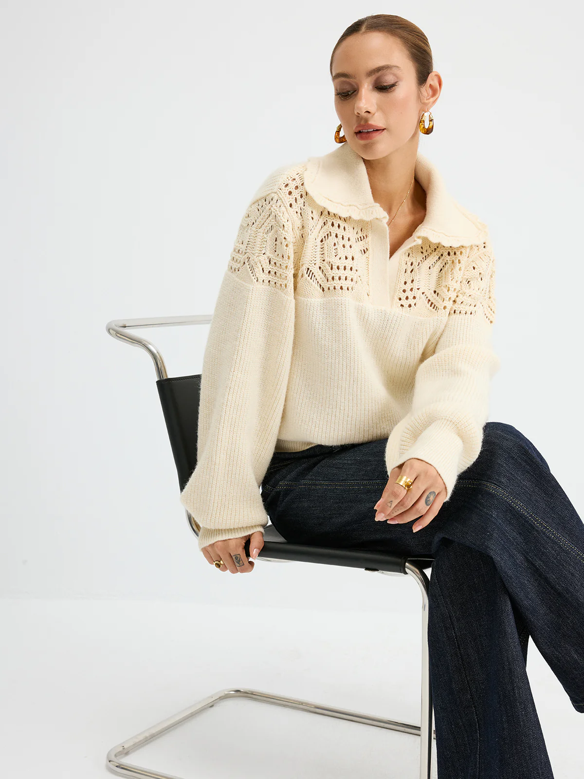 Openwork Polo Knit Sweater - Wholesalesil