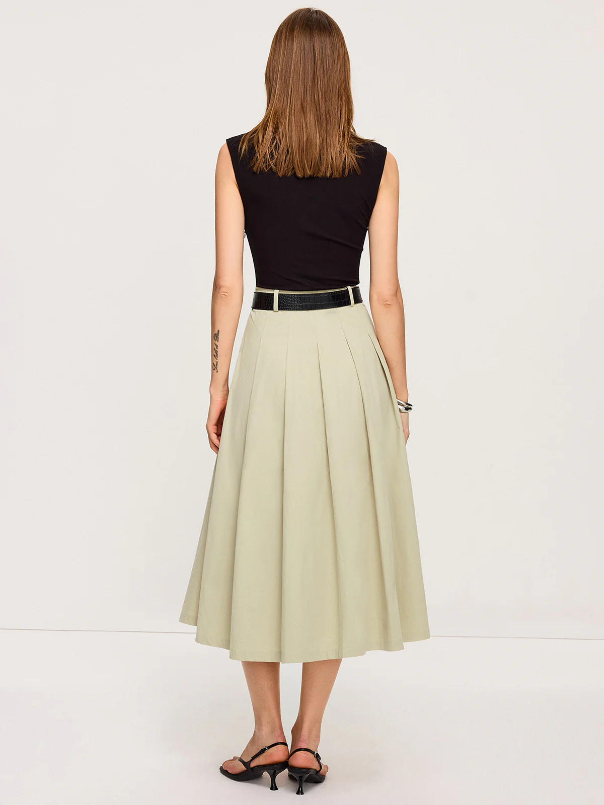 Belted Pleated Two-Tone Midi Dresses - Wholesalesil