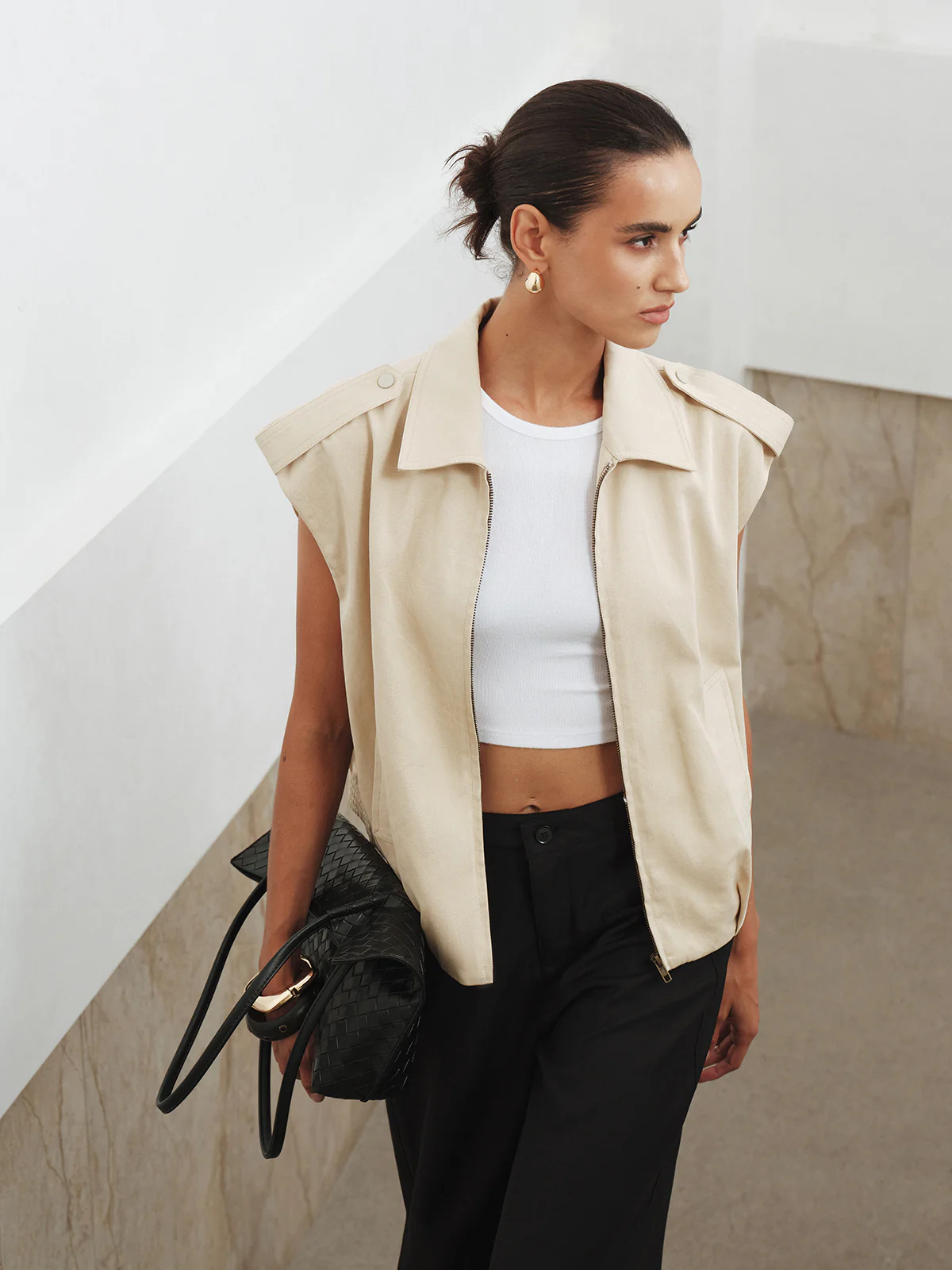 Collared Cap Sleeve Zip-Up Vest - Wholesalesil