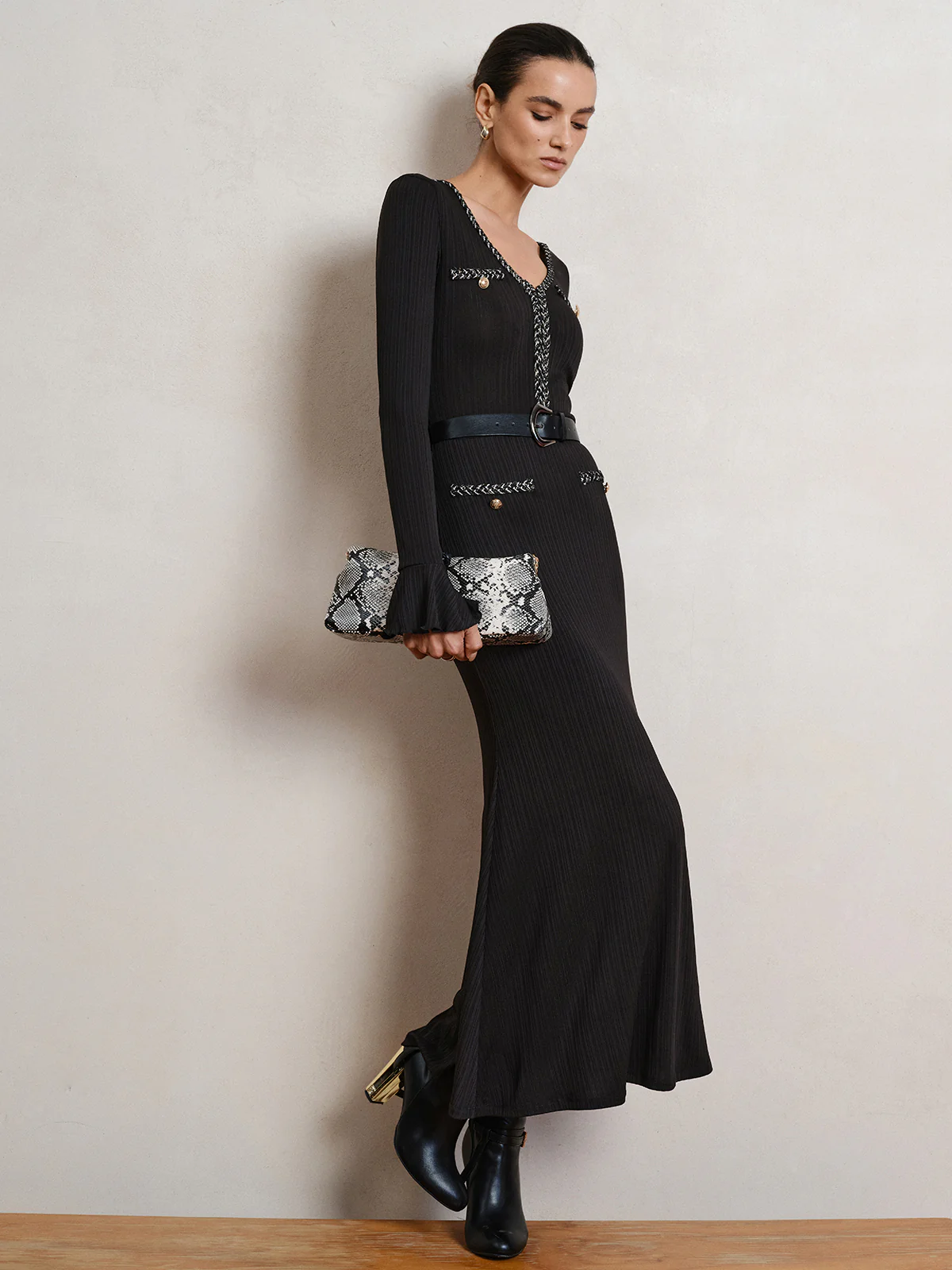 Belted V-Neck Flared Sleeve Maxi Dress - Wholesalesil