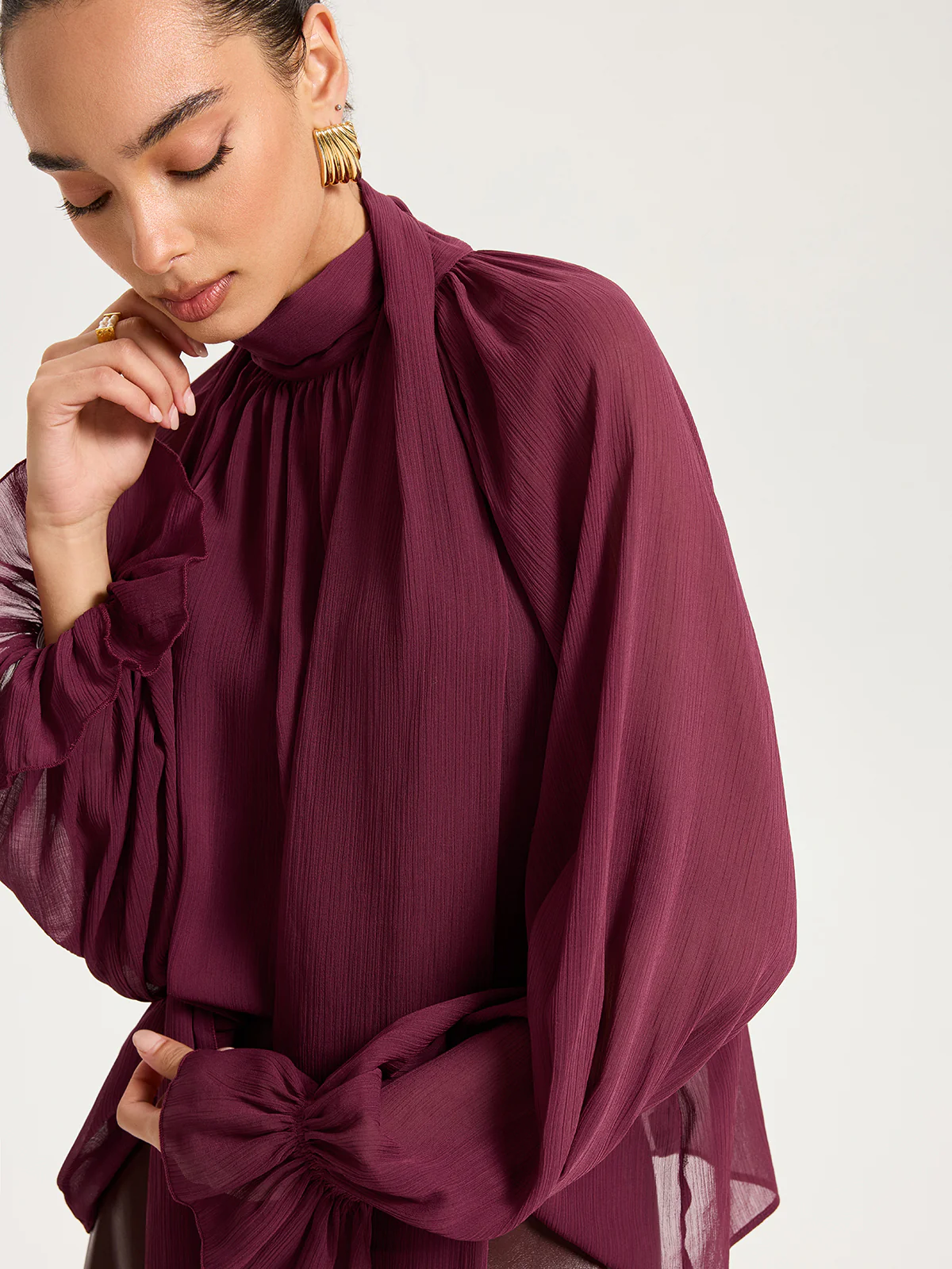 Scarf Neck Semi-Sheer Chiffon Blouse - Wholesalesil