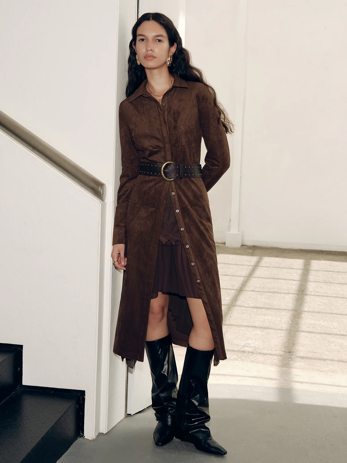 Suede Shirt Dress without Belt - Wholesalesil