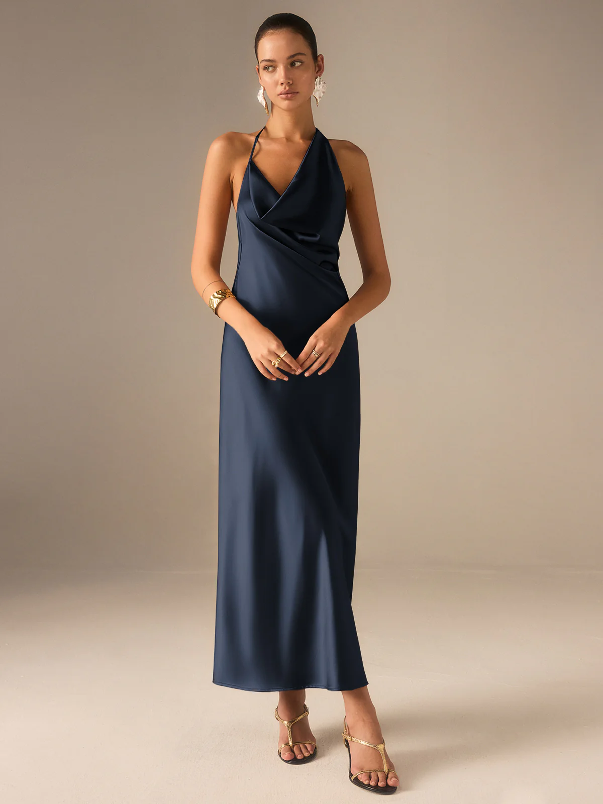 Satin Halter-Neck Backless Maxi Dress - Wholesalesil