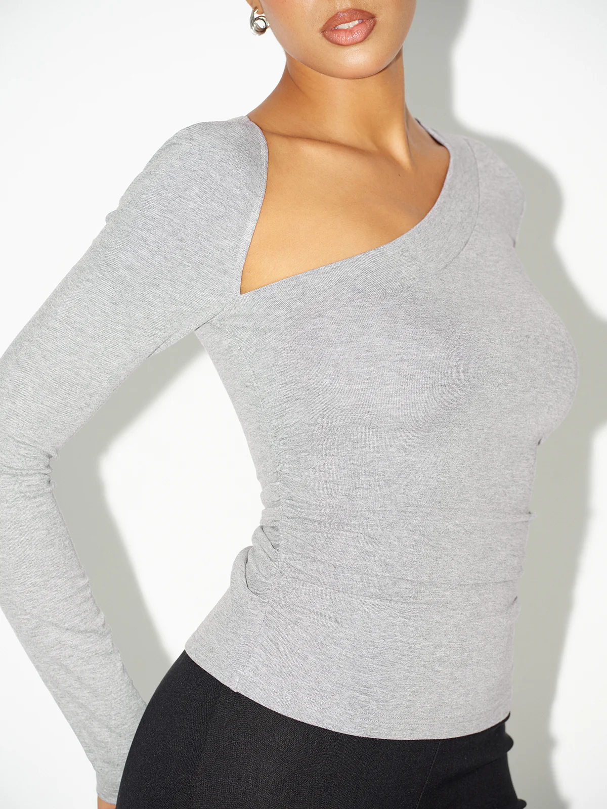 Asymmetric Neckline Ruched Long Sleeve Blouse - Wholesalesil