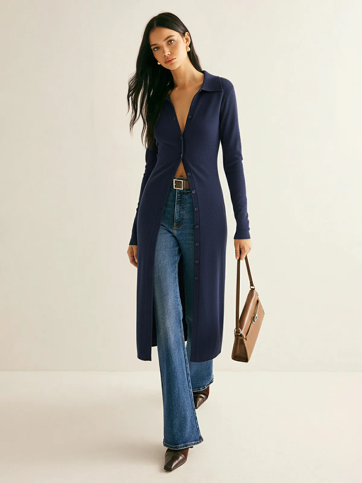 Collared Button Front Longline Knit Cardigan - Wholesalesil