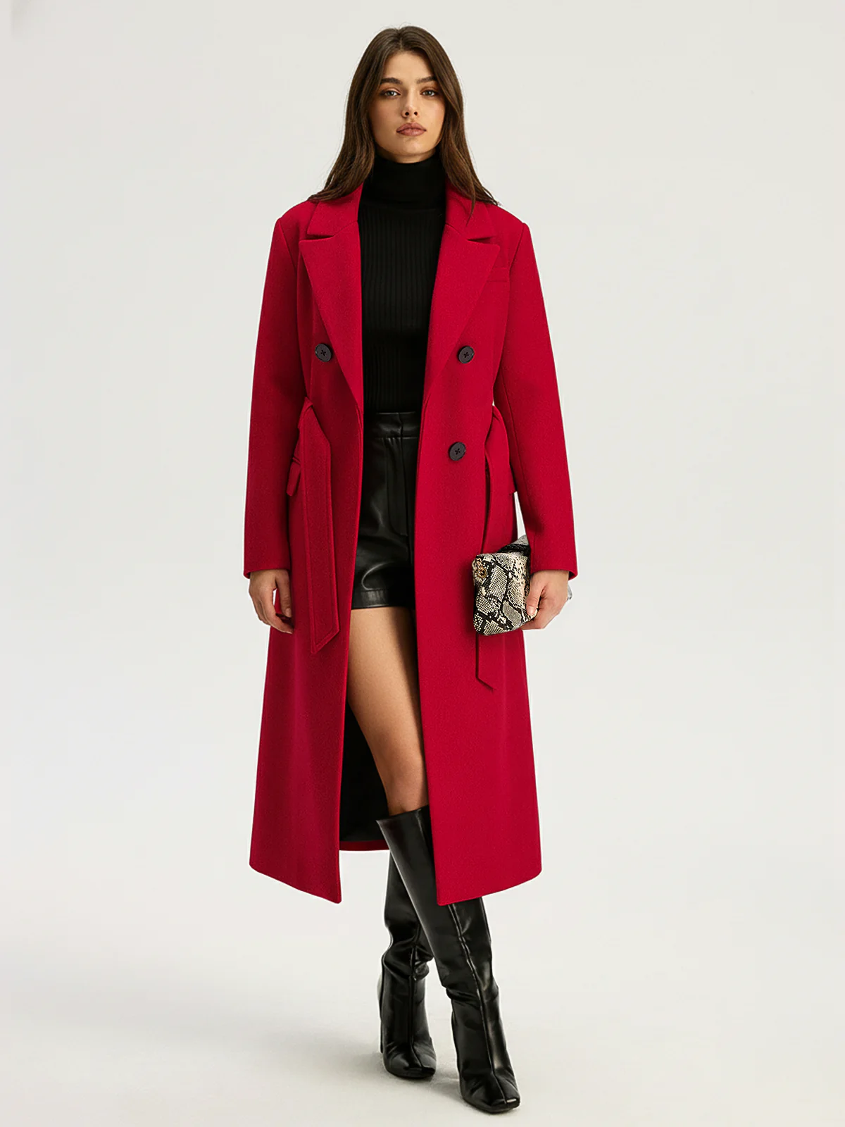 Belted Double-Breasted Long Coat - Wholesalesil