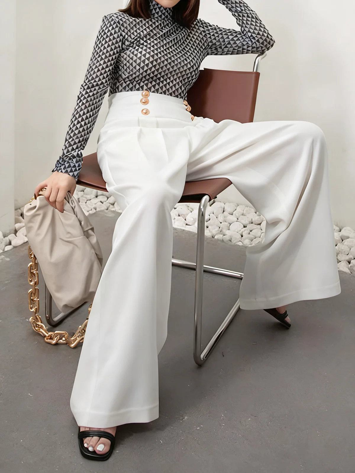 High-Waist Metal Detail Wide-Leg Pants - Wholesalesil