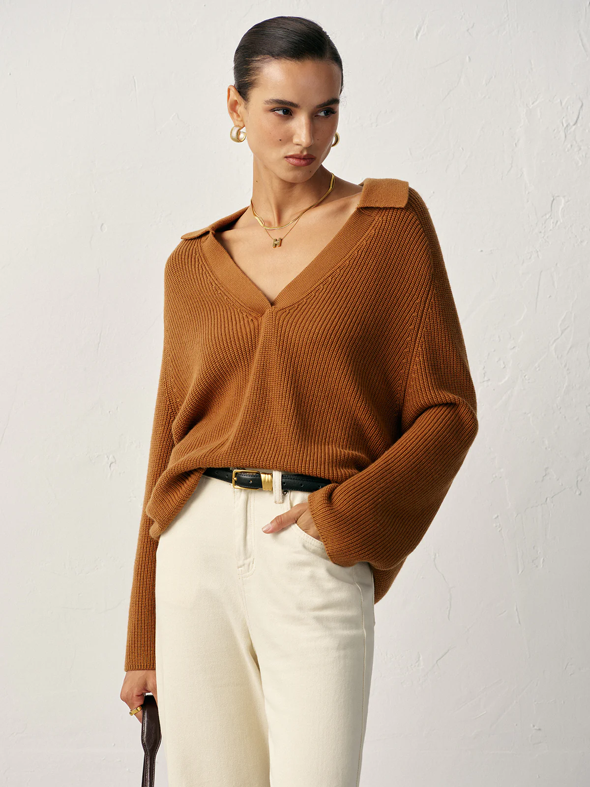 Wool Blend Polo Collar V-Neck Sweater - Wholesalesil
