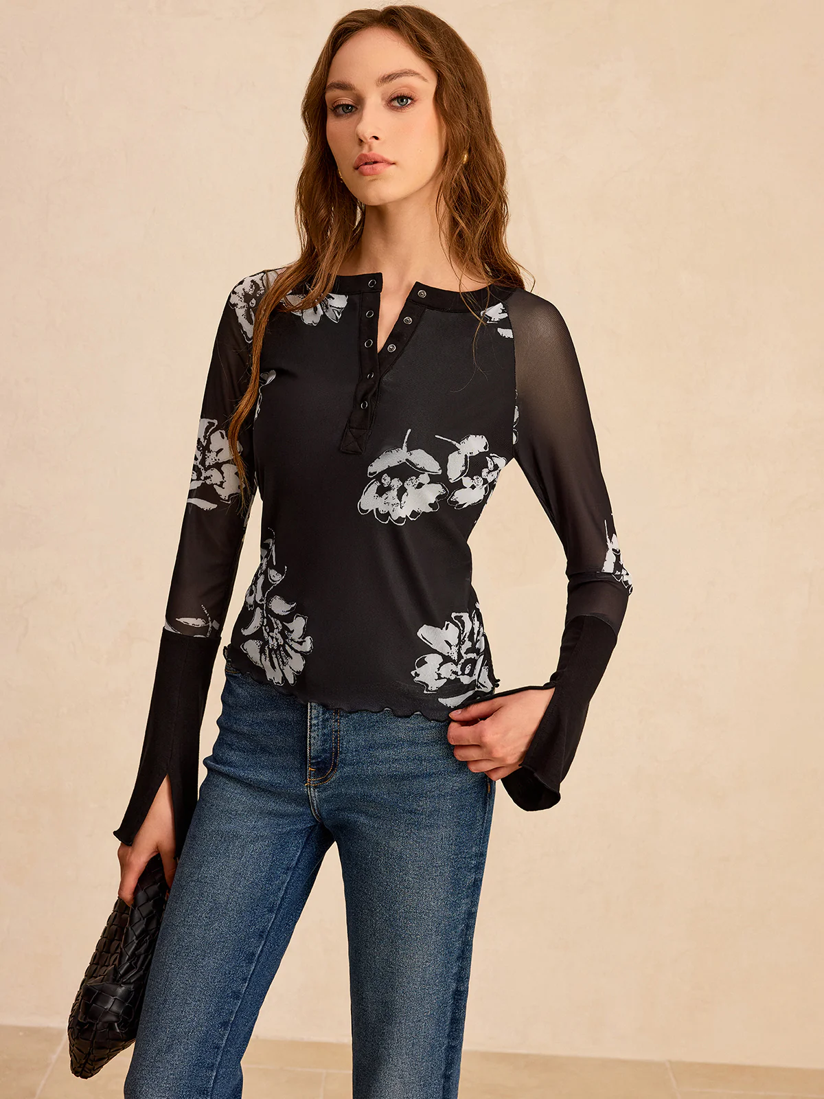 Floral Print Mesh Sleeve T-Shirt - Wholesalesil