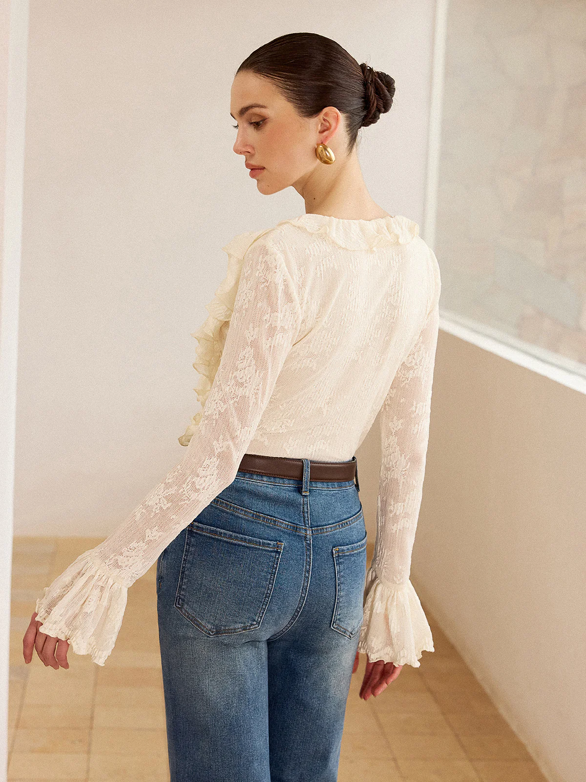 Semi-Sheer Lace Ruffle Trim V-Neck Blouse - Wholesalesil