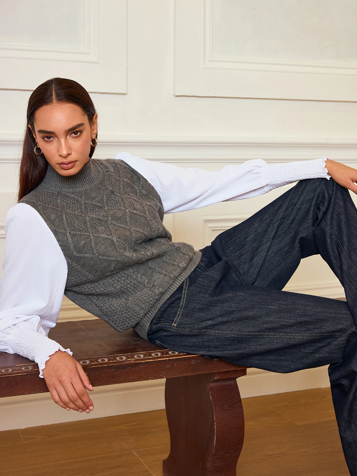 Leg-Of-Mutton Sleeve Panel Cable-Knit Sweater - Wholesalesil