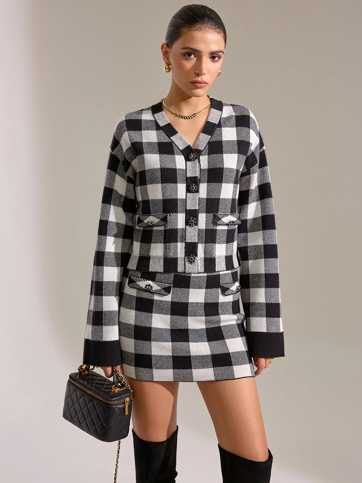 Checkered Wool Blend Button Cardigan - Wholesalesil