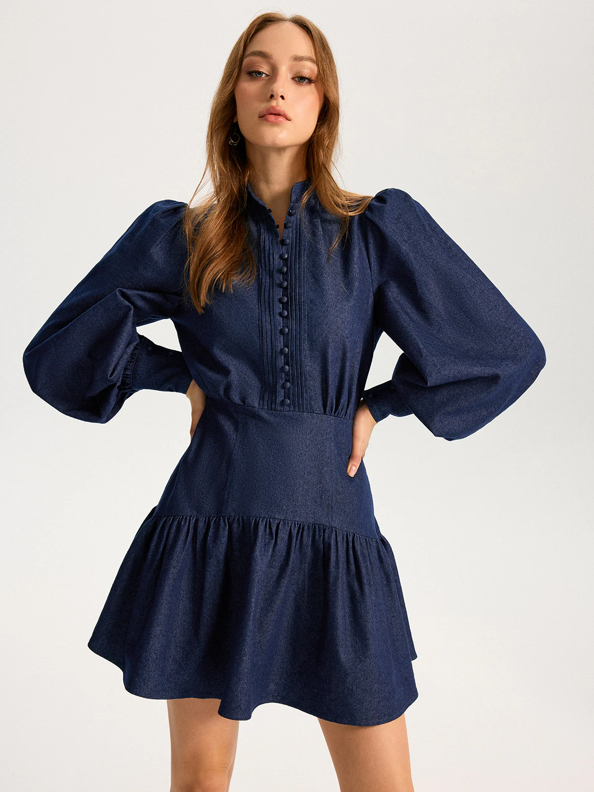 Denim Stand Collar Puff Sleeve Mini Dress - Wholesalesil