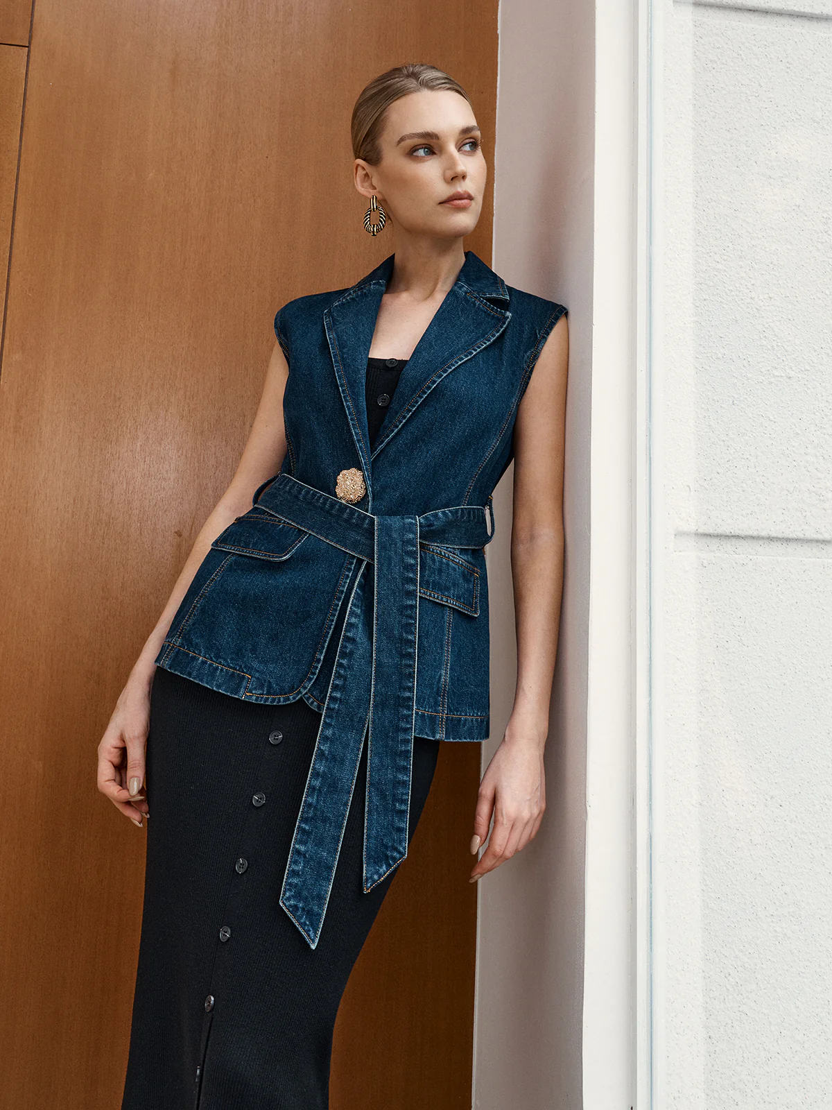 Denim Belted Blazer Vest - Wholesalesil