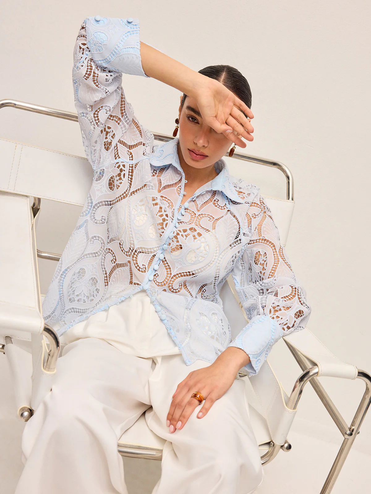 Sheer Lace Blouse With Cloth Button - Wholesalesil