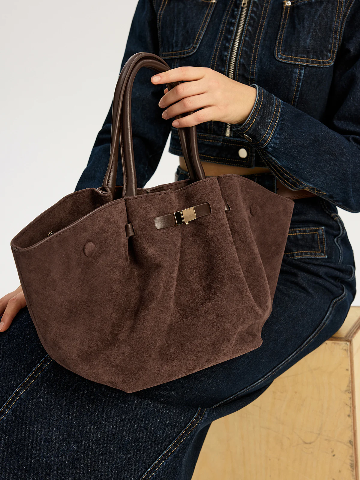Suede Leather-Trimmed Tote Bag - Wholesalesil