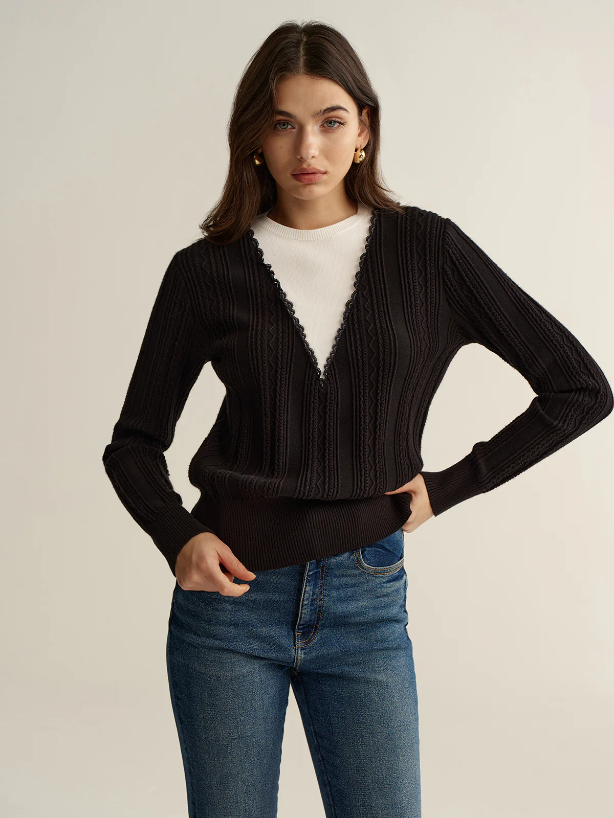 2 in 1 Lace Trim Two-Tone Sweater - Wholesalesil