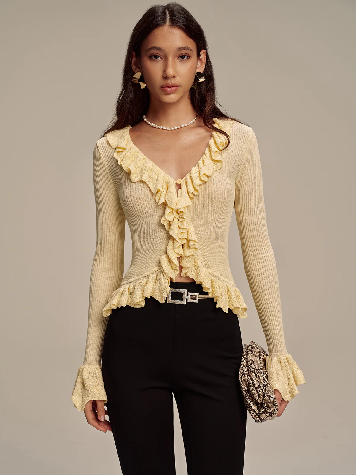 Ruffled V-Neck Knit Cardigan - Wholesalesil