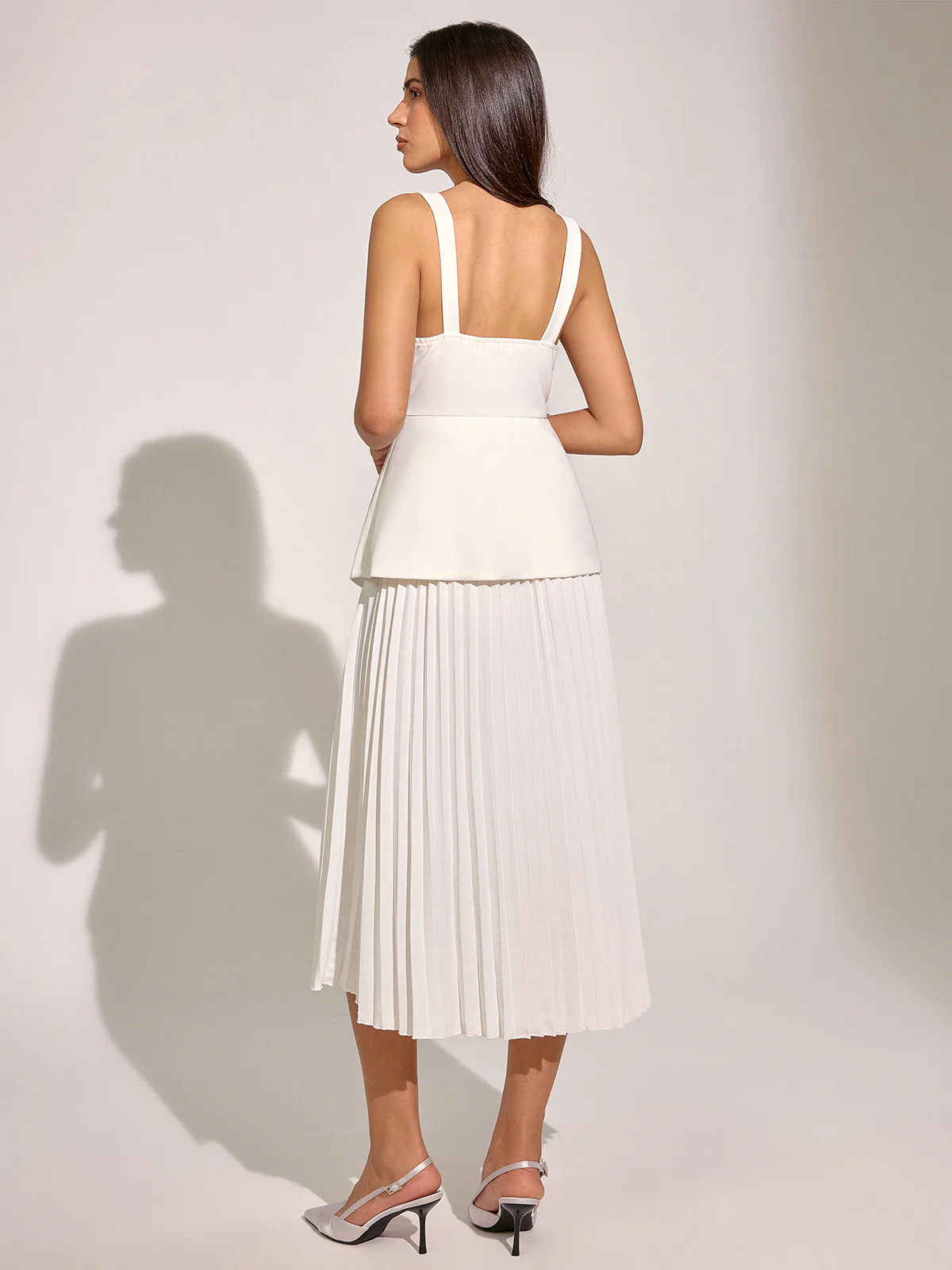 Square Neck Vest Panel Pleated Maxi Dress - Wholesalesil