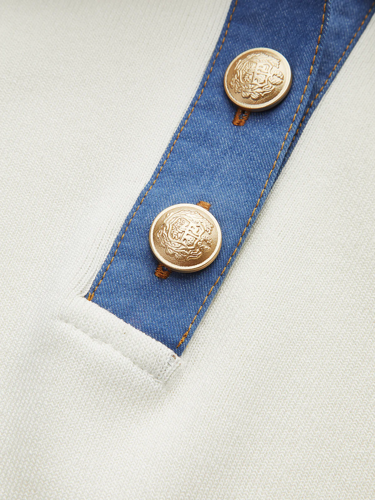 Denim-Collar Buttoned Polo Knit Midi Dress - Wholesalesil