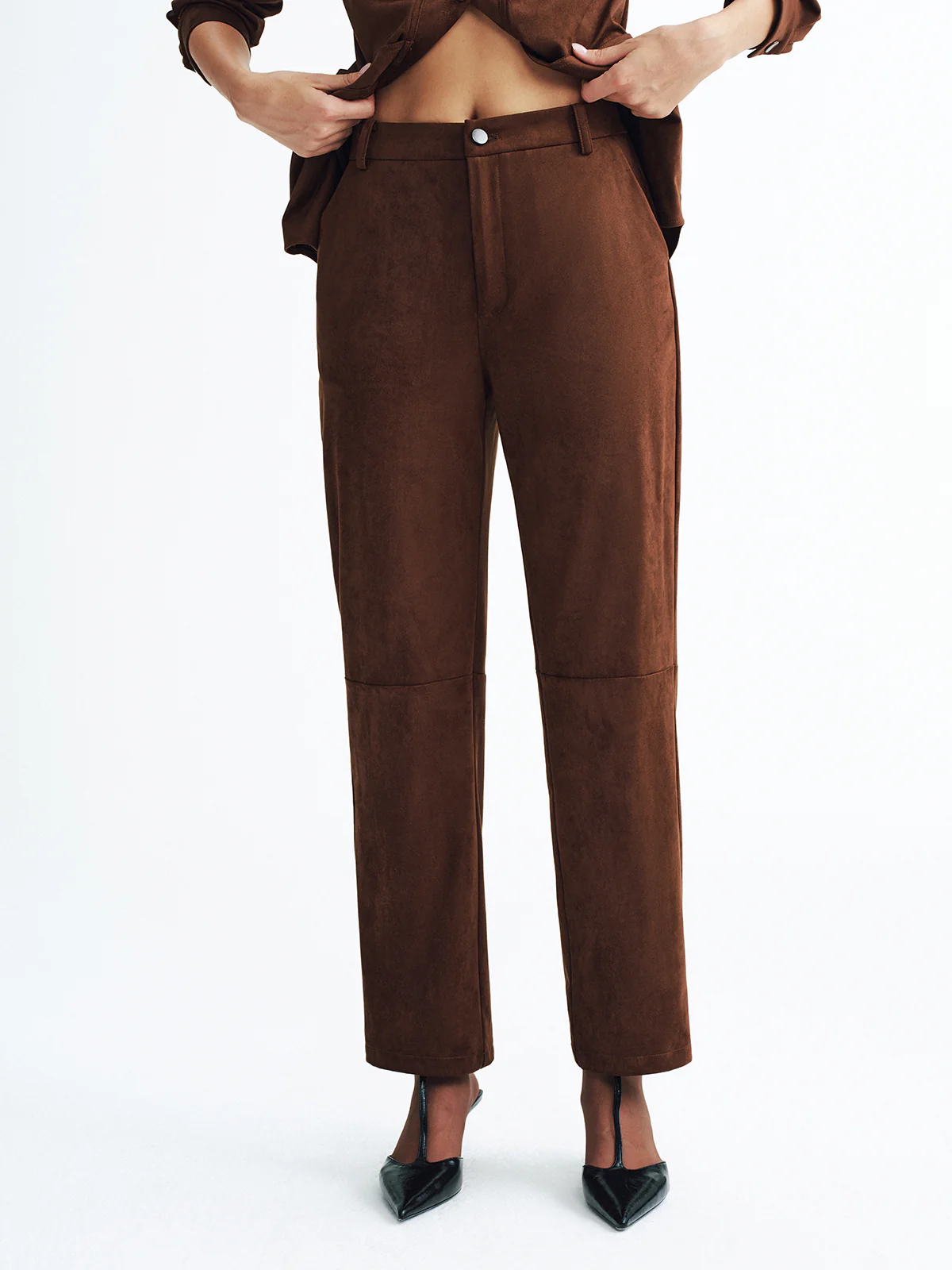 Mid-Waisted Faux Suede Casual Pants - Wholesalesil