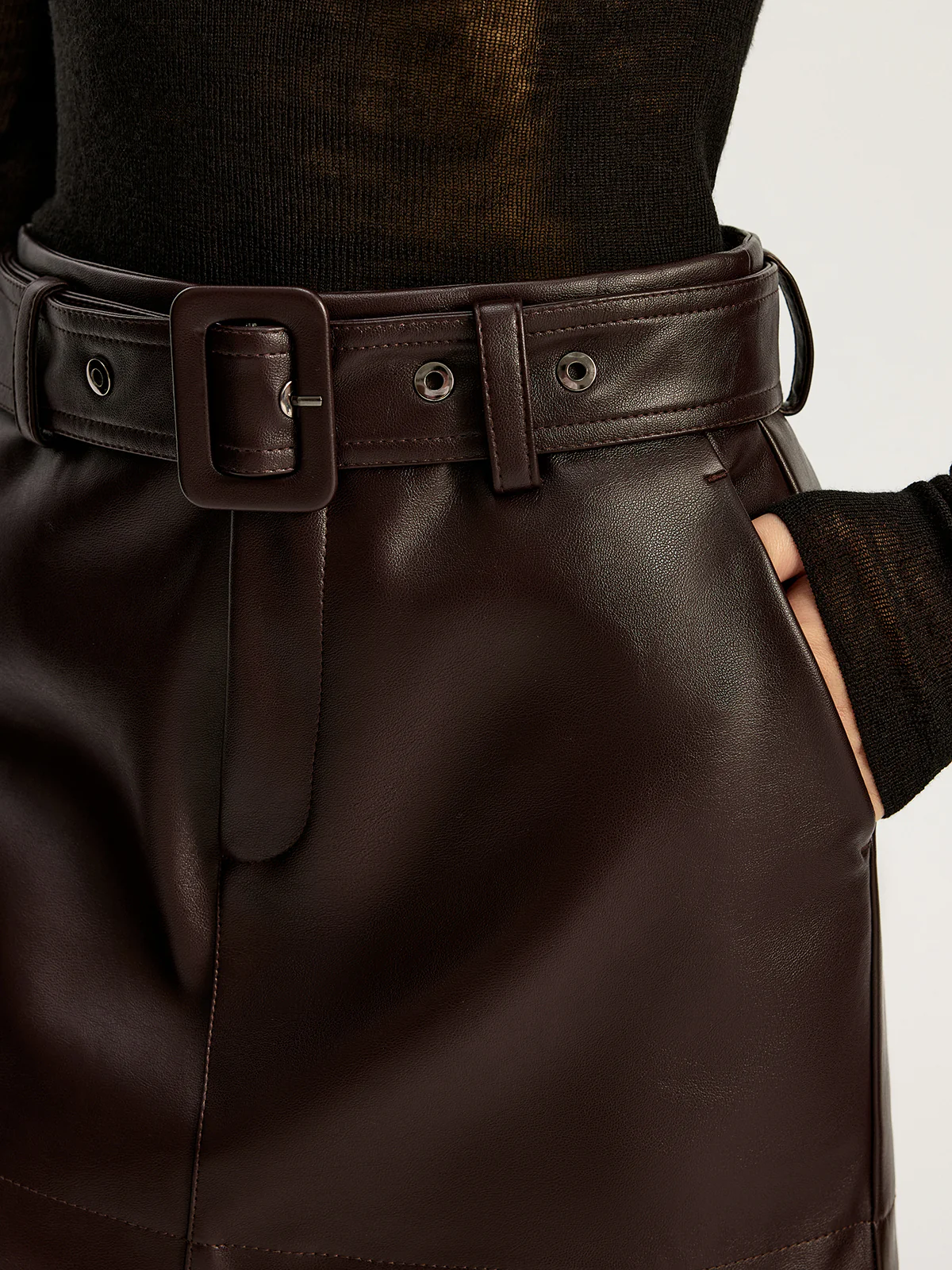 Belted Faux Leather Mini Skirt - Wholesalesil