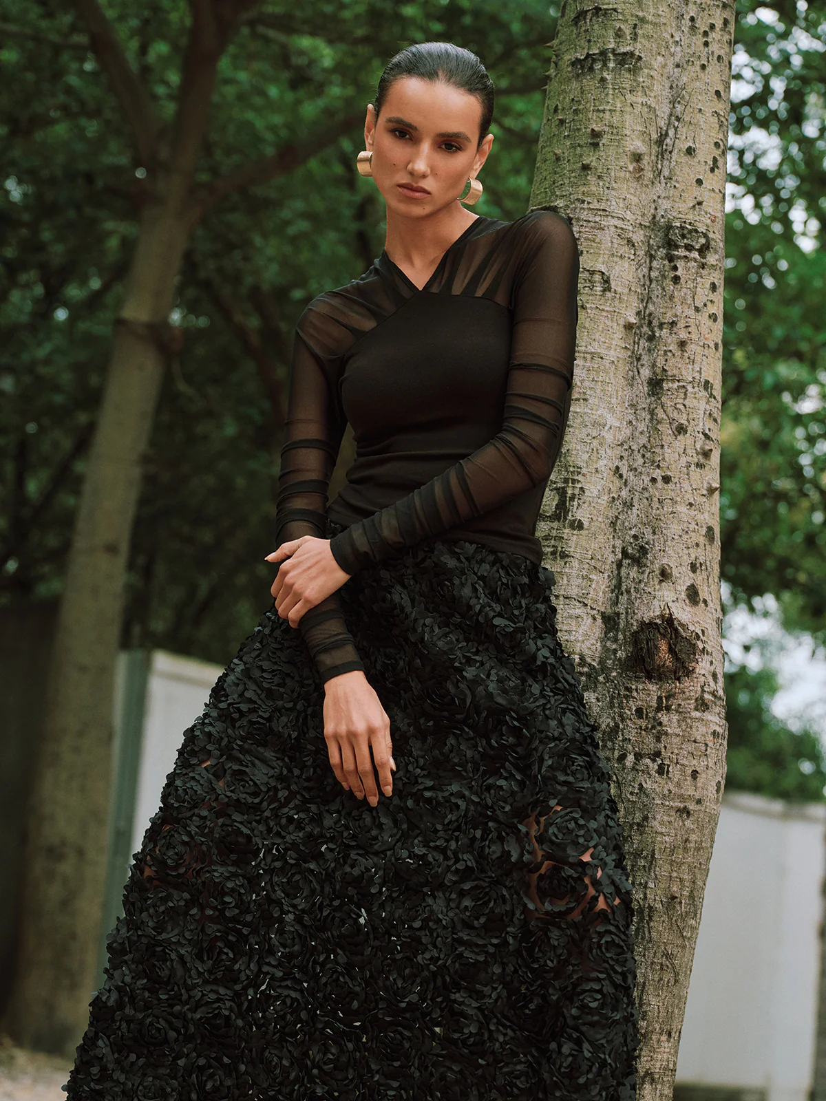 Sheer Mesh Paneled V-Neck Blouse - Wholesalesil