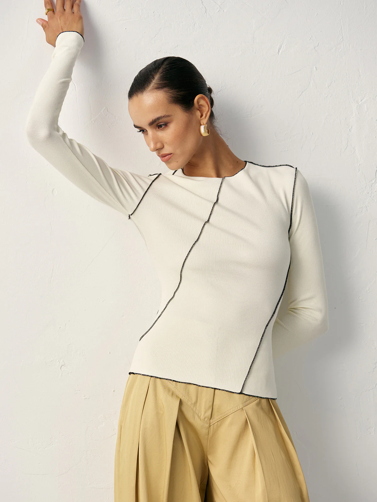 Contrast Piping Ribbed Knit Top - Wholesalesil