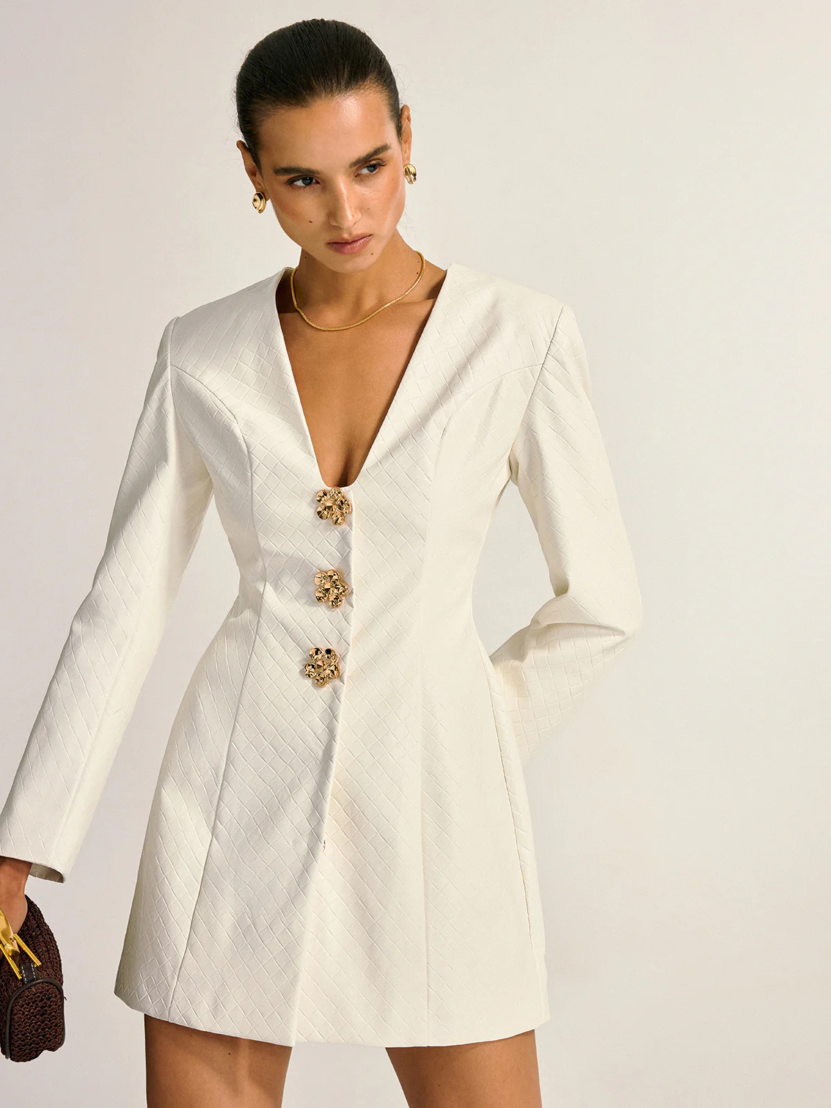 Floral Metal Button Faux Leather Mini Dress - Wholesalesil