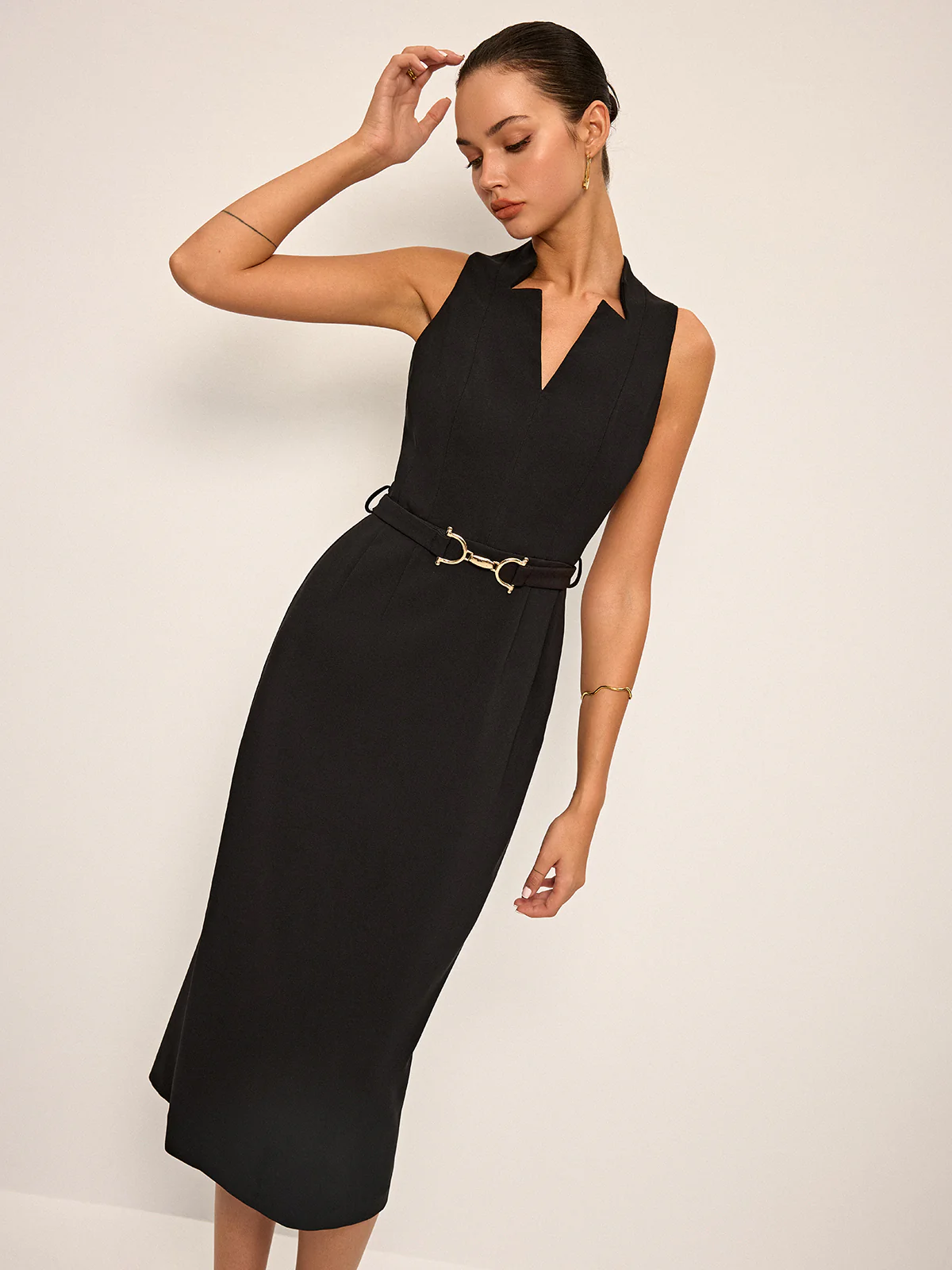 Sleeveless V-Neck Belted Midi Dress - Wholesalesil