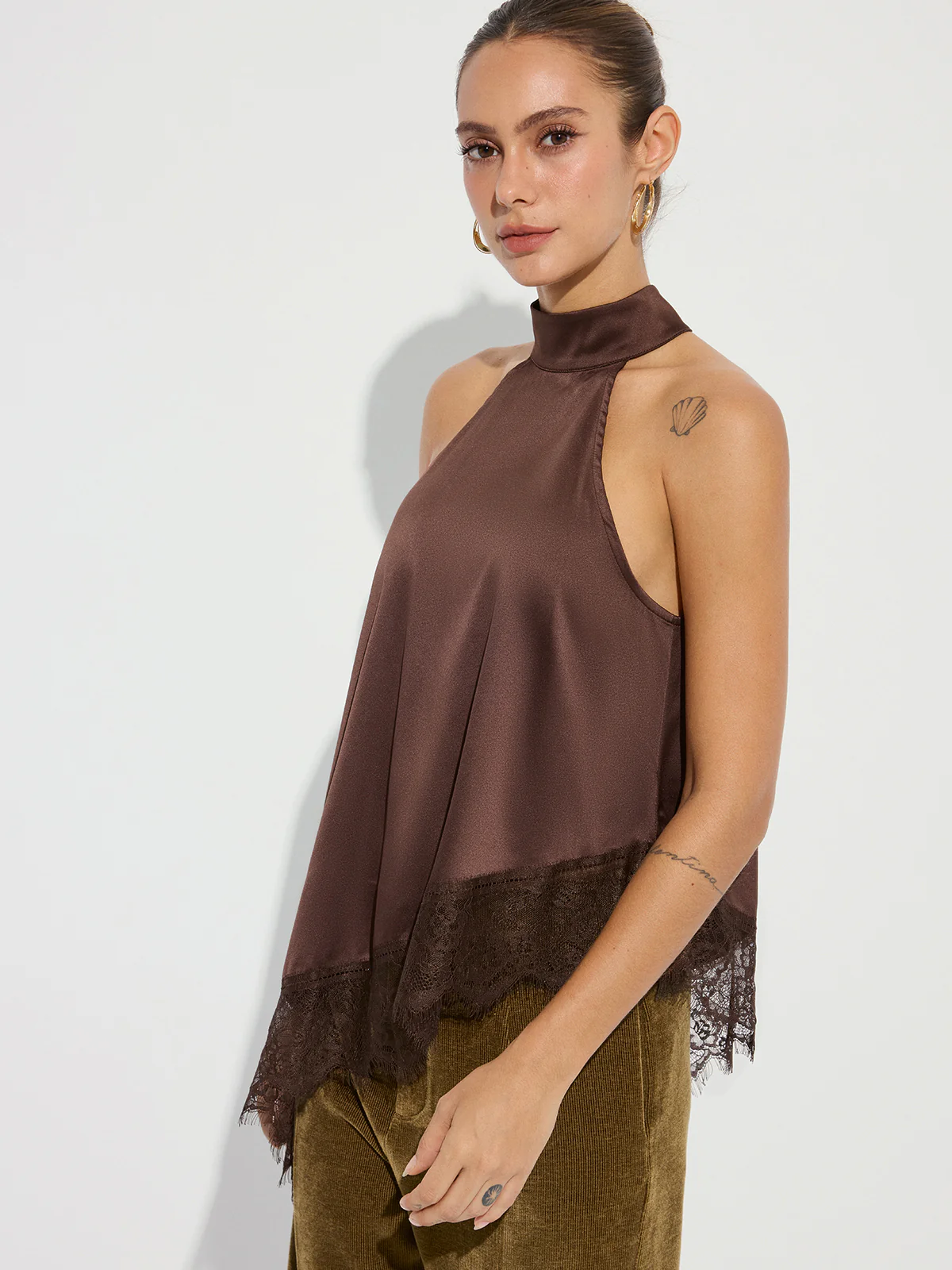 Asymmetric Lace Hem Satin Halter Top - Wholesalesil