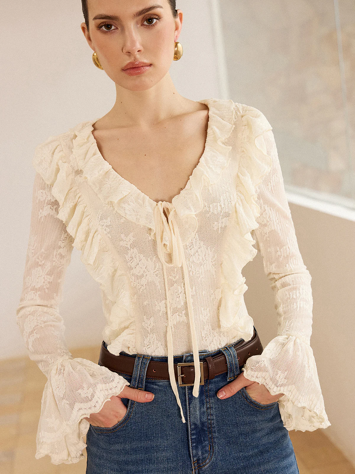 Semi-Sheer Lace Ruffle Trim V-Neck Blouse - Wholesalesil