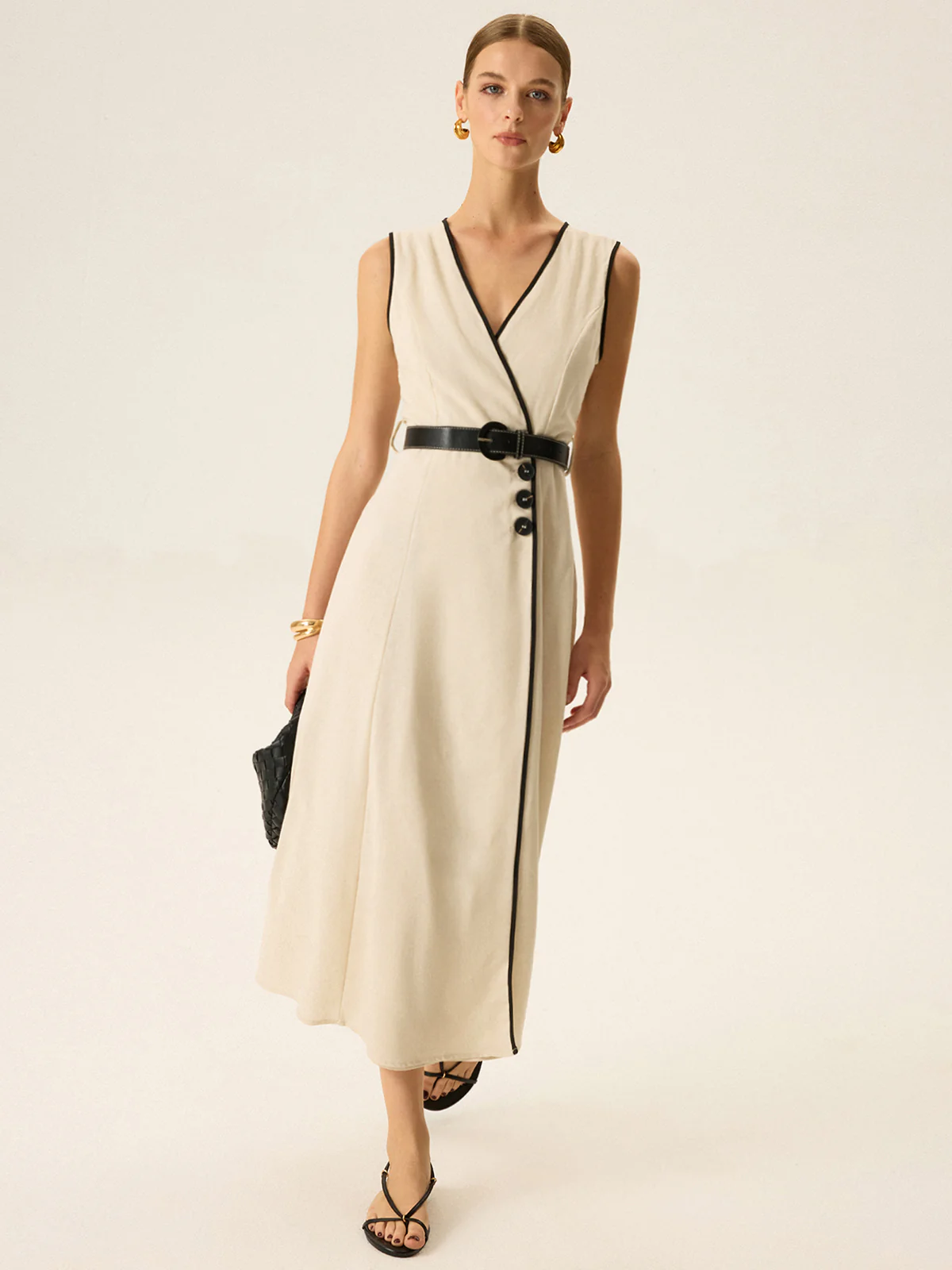 Contrast Trim Belted Midi Dress - Wholesalesil